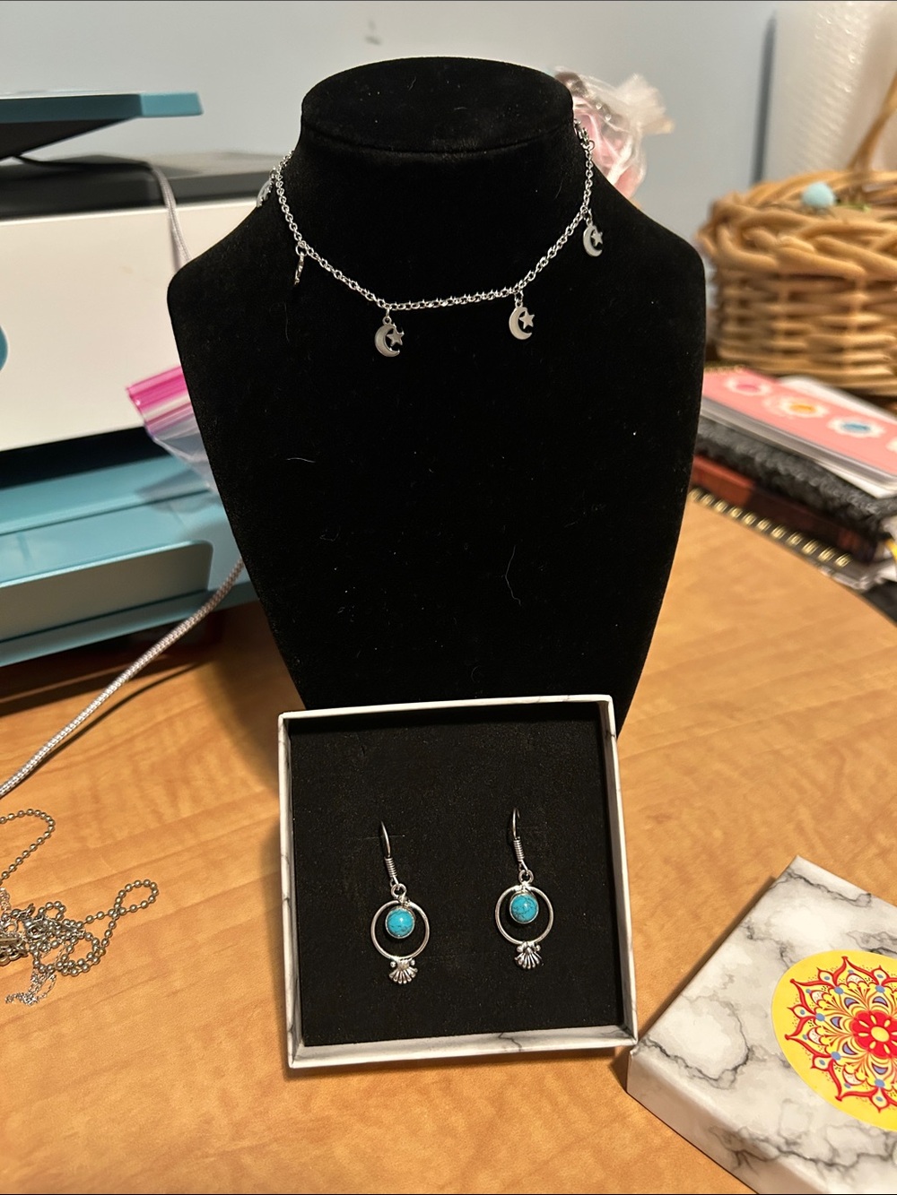 Silver Crescent Moon Bracelet 6-10 inch/extender with Turquoise Drop Earrings